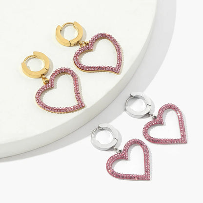 1 Pair Sweet Heart Shape Polishing Plating Inlay Titanium Steel Rhinestones Drop Earrings