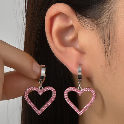 1 Pair Sweet Heart Shape Polishing Plating Inlay Titanium Steel Rhinestones Drop Earrings