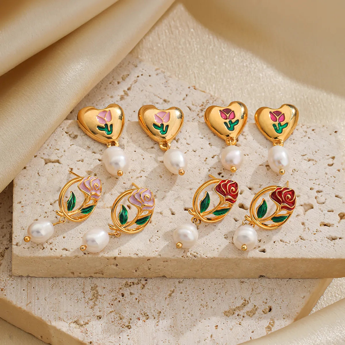 1 Pair Sweet Heart Shape Rose Enamel Hollow Out Freshwater Pearl Copper 18k Gold Plated Drop Earrings