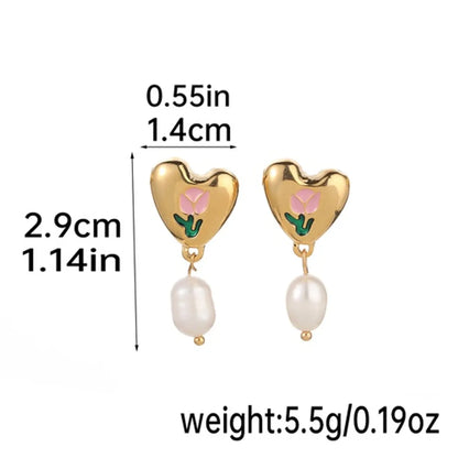 1 Pair Sweet Heart Shape Rose Enamel Hollow Out Freshwater Pearl Copper 18k Gold Plated Drop Earrings