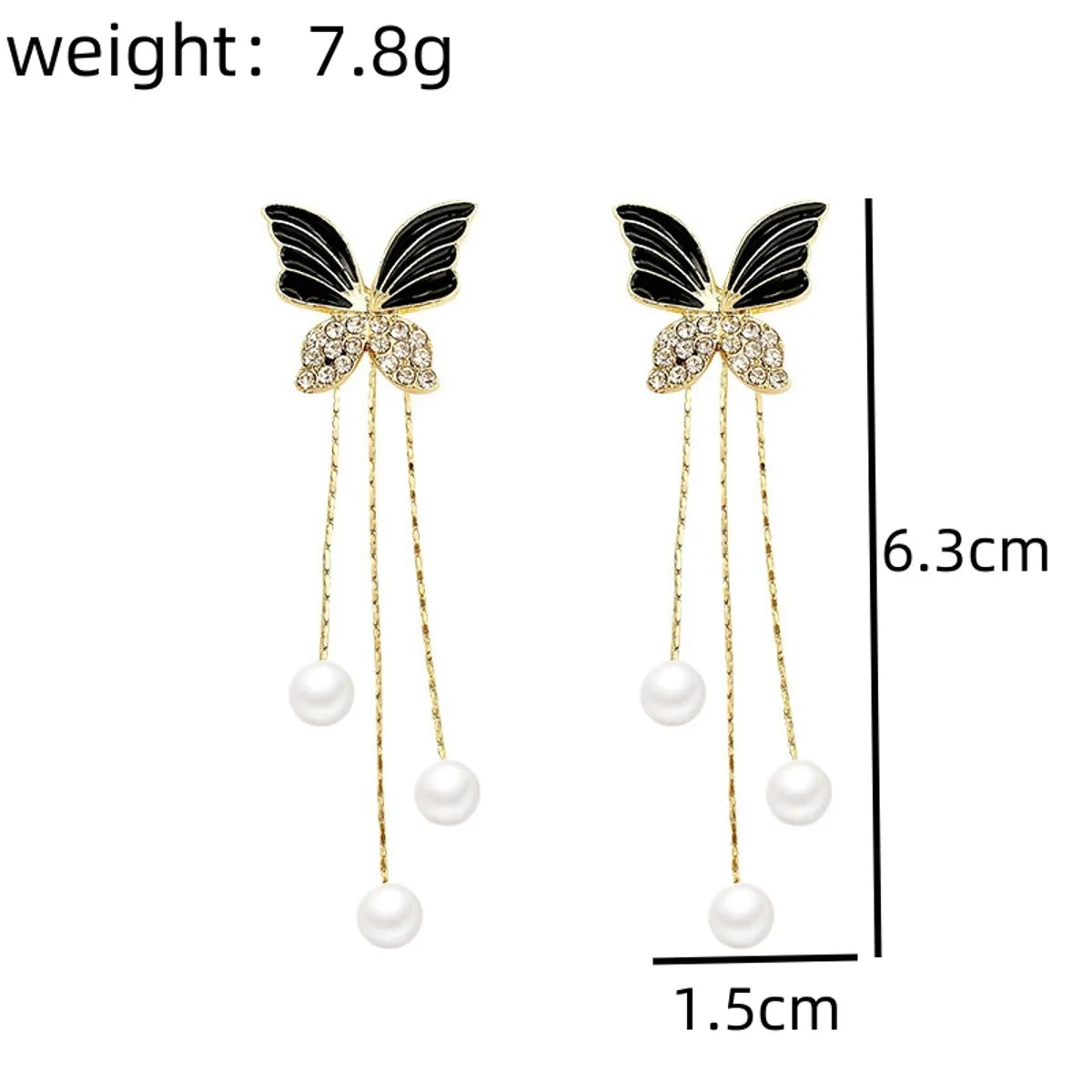 1 Pair Sweet Korean Style Butterfly Enamel Inlay Alloy Rhinestones Pearl Gold Plated Drop Earrings