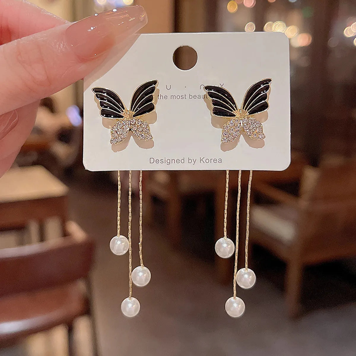 1 Pair Sweet Korean Style Butterfly Enamel Inlay Alloy Rhinestones Pearl Gold Plated Drop Earrings