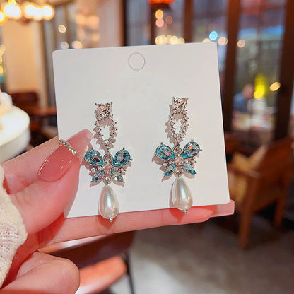 1 Pair Sweet Korean Style Butterfly Inlay Alloy Zircon Drop Earrings