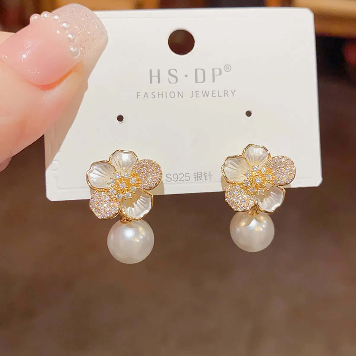 1 Pair Sweet Korean Style Flower Inlay Alloy Rhinestones Pearl Gold Plated Drop Earrings