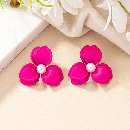 1 Pair Sweet Korean Style Pearl Flower Stoving Varnish Iron Pearl Gold Plated Drop Earrings