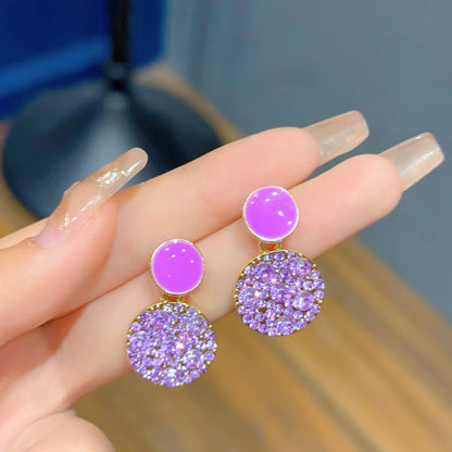 1 Pair Sweet Korean Style Round Enamel Inlay Alloy Rhinestones Drop Earrings