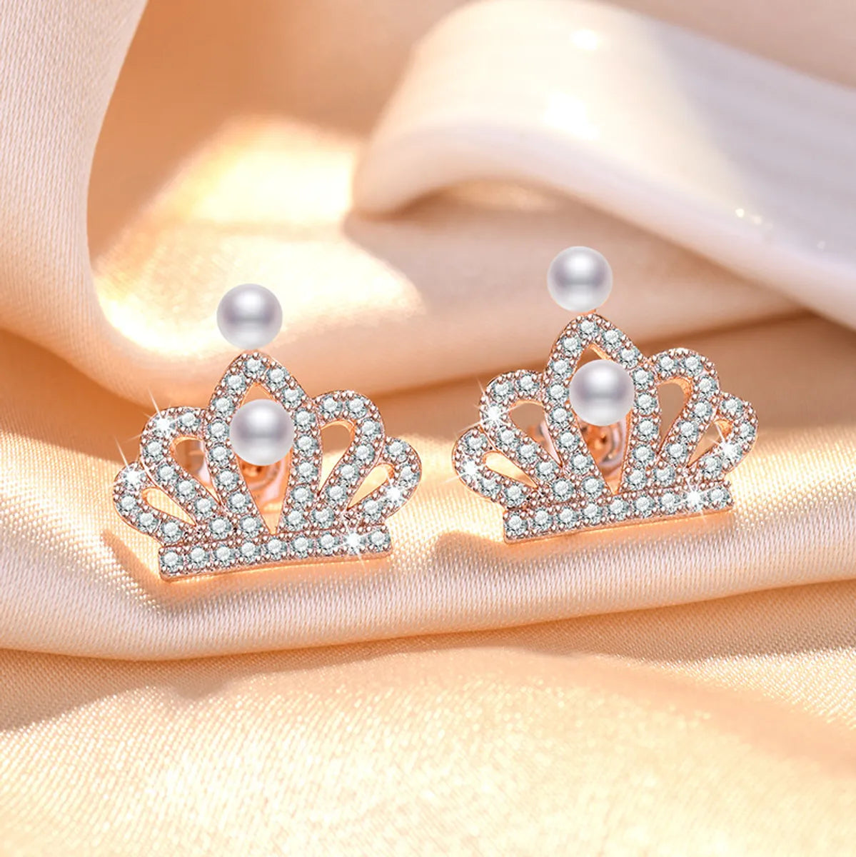 1 Pair Sweet Leaf Crown Bow Knot Imitation Pearl Copper Inlay Rhinestones Earrings