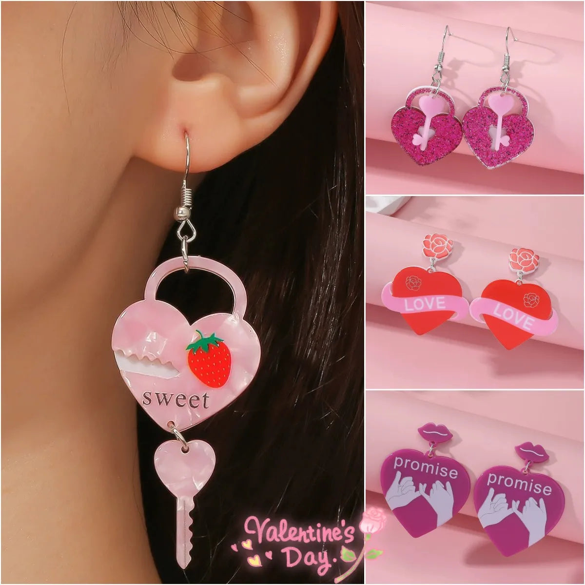 1 Pair Sweet Letter Heart Shape Flower Stamping Arylic Drop Earrings