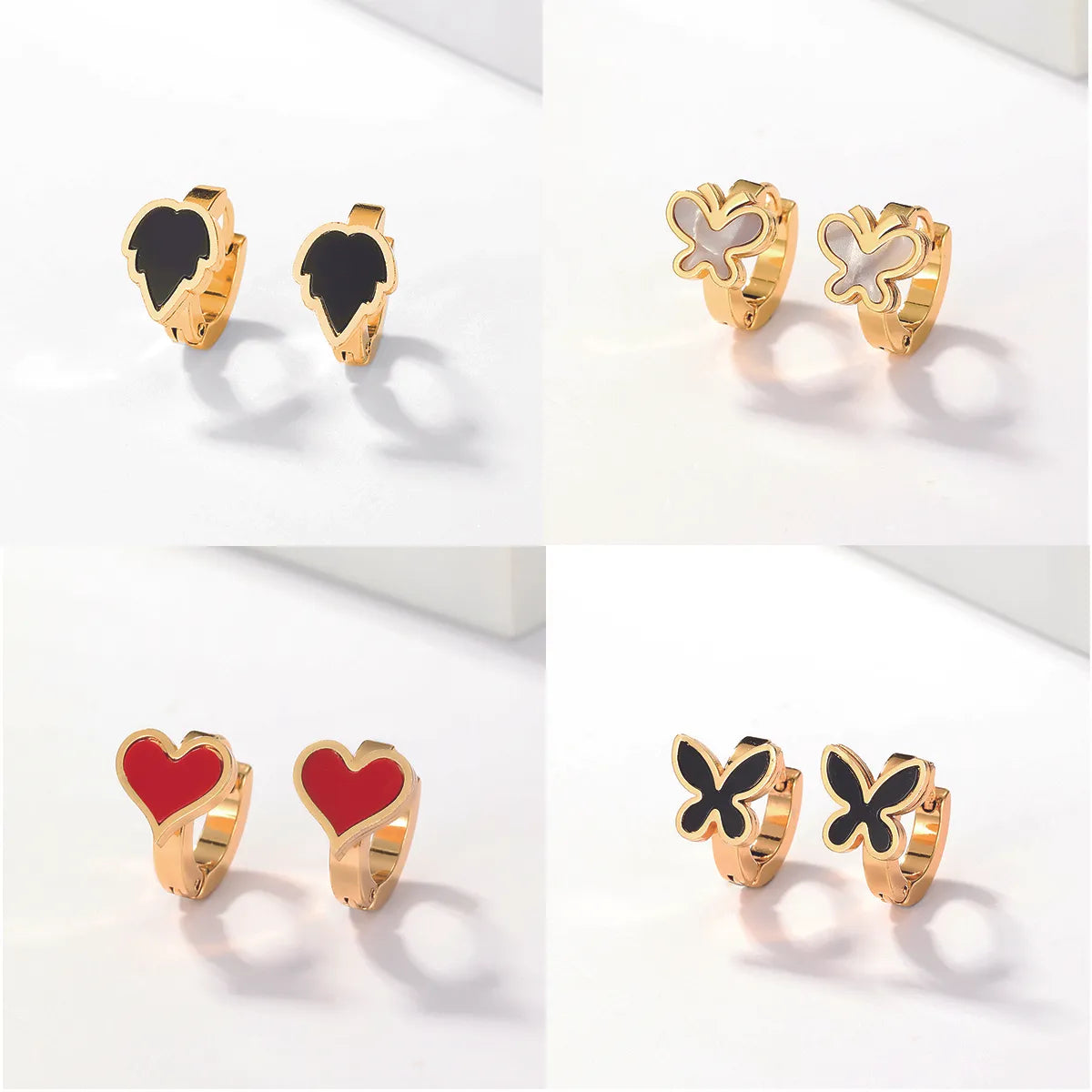 1 Pair Sweet Maple Leaf Heart Shape Butterfly Stainless Steel Plating Inlay Shell Gold Plated Hoop Earrings