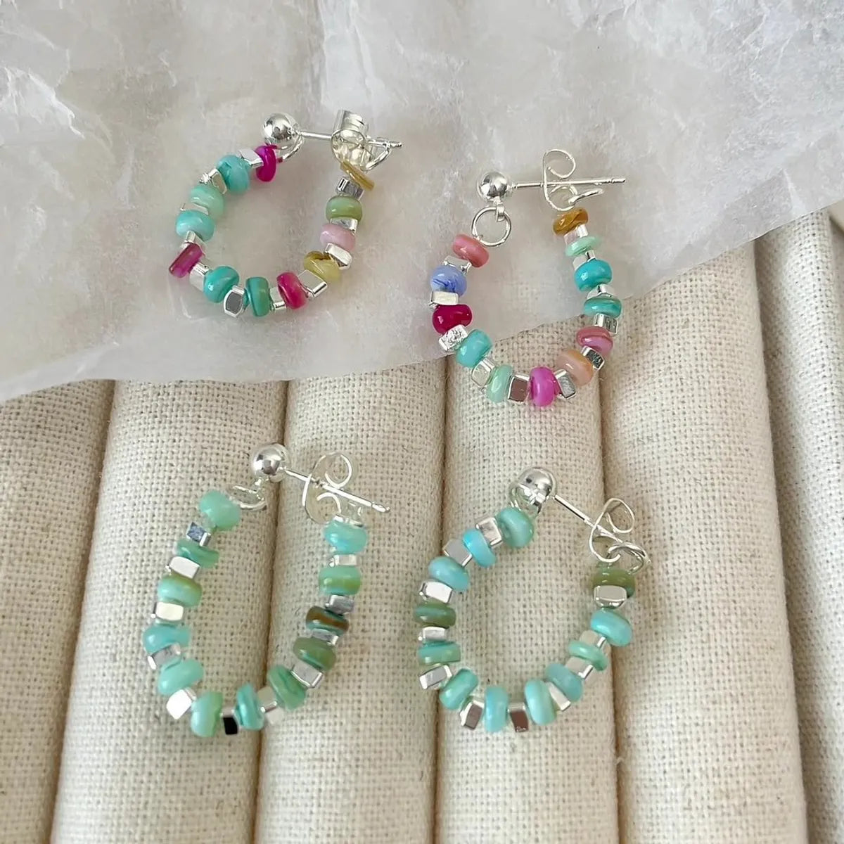 1 Pair Sweet Multicolor Beaded Natural Stone Sterling Silver Hoop Earrings