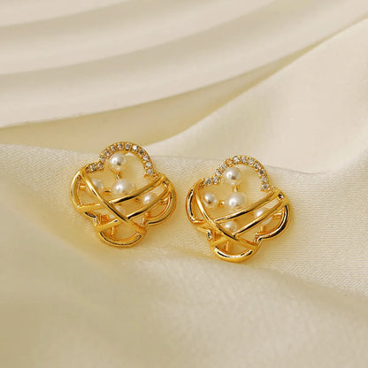 1 Pair Sweet Pastoral Artistic Printing Hollow Out Inlay Copper Pearl Zircon 18K Gold Plated Ear Studs