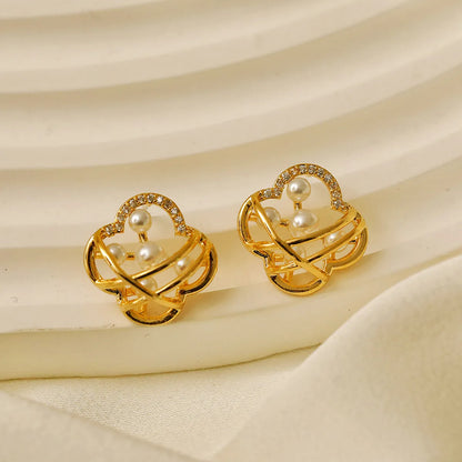 1 Pair Sweet Pastoral Artistic Printing Hollow Out Inlay Copper Pearl Zircon 18K Gold Plated Ear Studs