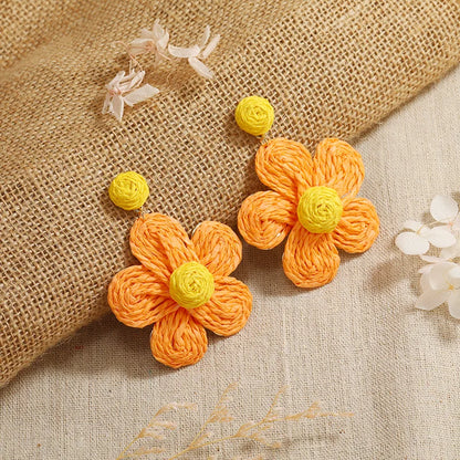 1 Pair Sweet Pastoral Flower Alloy Straw Drop Earrings