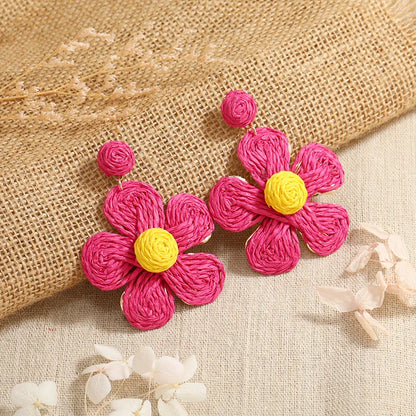 1 Pair Sweet Pastoral Flower Alloy Straw Drop Earrings