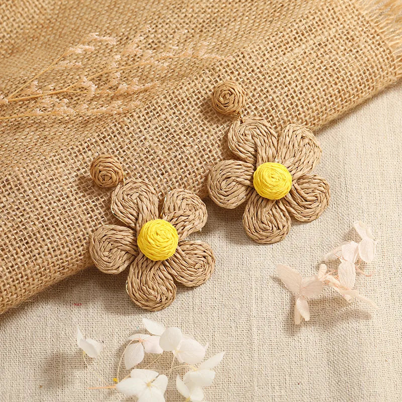 1 Pair Sweet Pastoral Flower Alloy Straw Drop Earrings