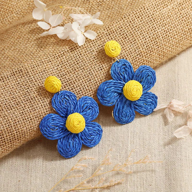 1 Pair Sweet Pastoral Flower Alloy Straw Drop Earrings