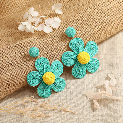 1 Pair Sweet Pastoral Flower Alloy Straw Drop Earrings