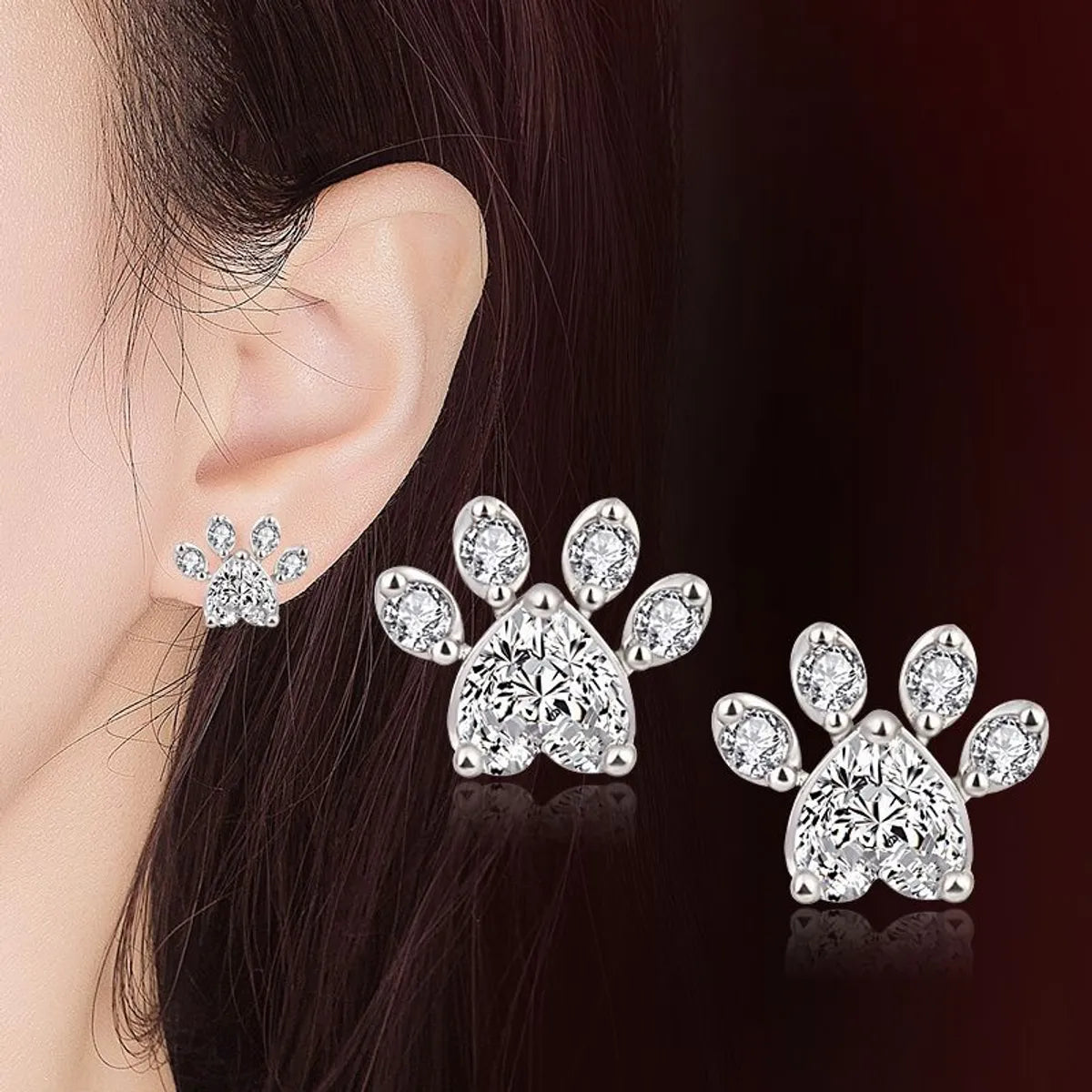 1 Pair Sweet Paw Print Copper Inlay Zircon Ear Studs