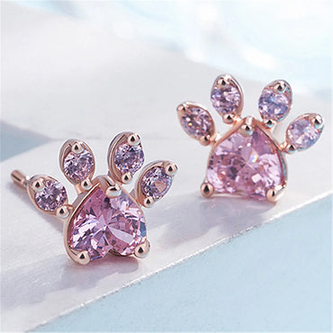 1 Pair Sweet Paw Print Copper Inlay Zircon Ear Studs