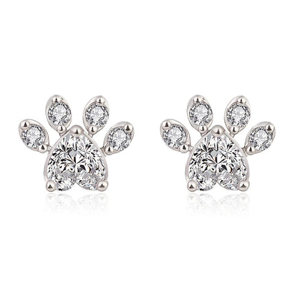 1 Pair Sweet Paw Print Copper Inlay Zircon Ear Studs