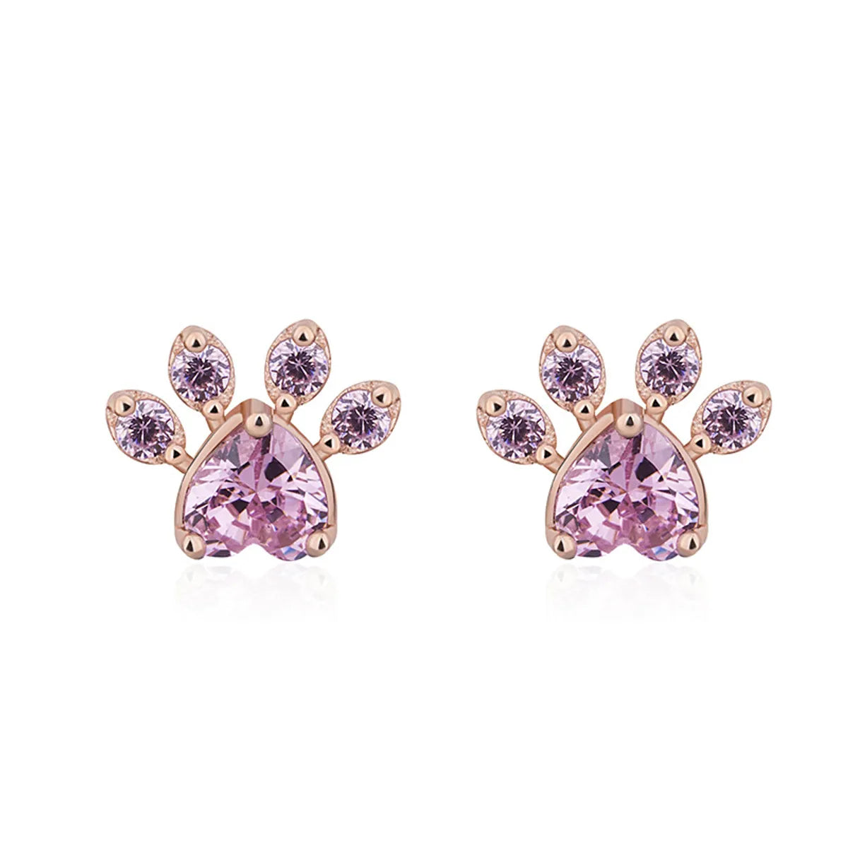 1 Pair Sweet Paw Print Copper Inlay Zircon Ear Studs