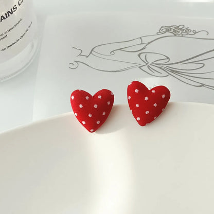 1 Pair Sweet Plaid Polka Dots Heart Shape Cloth Resin Ear Studs