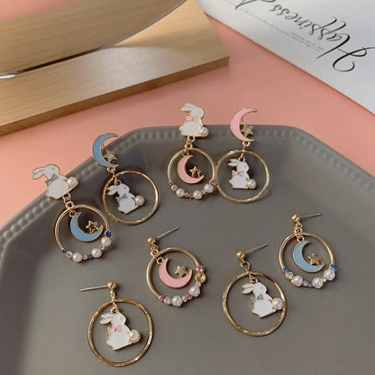 1 Pair Sweet Rabbit Animal Enamel Inlay Alloy Artificial Pearls Rhinestones Drop Earrings