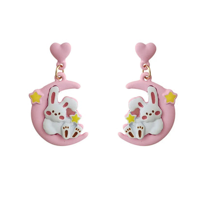 1 Pair Sweet Rabbit Moon Enamel Stoving Varnish Plating Alloy Drop Earrings