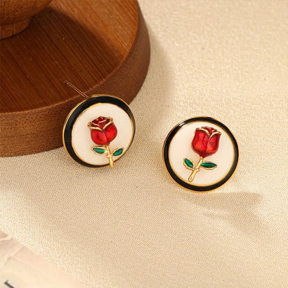 1 Pair Sweet Rose Enamel Copper Ear Studs