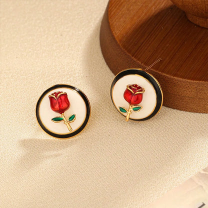 1 Pair Sweet Rose Enamel Copper Ear Studs