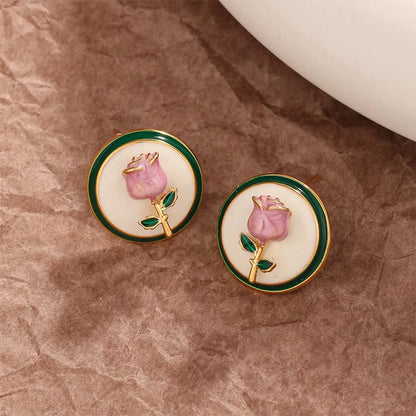 1 Pair Sweet Rose Enamel Copper Ear Studs