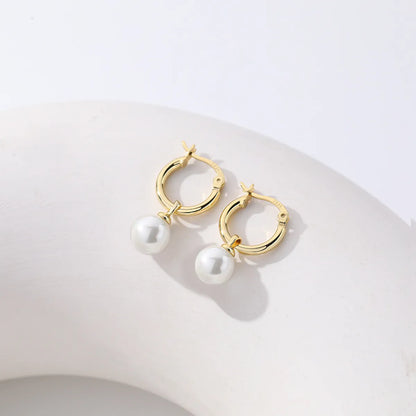 1 Pair Sweet Round Imitation Pearl Sterling Silver Plating Drop Earrings