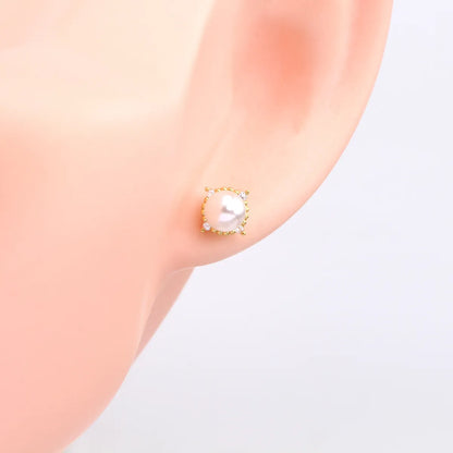 1 Pair Sweet Round Inlay Sterling Silver Pearl Ear Studs