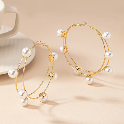 1 Pair Sweet Round Plating Inlay Alloy Pearl 14k Gold Plated Hoop Earrings