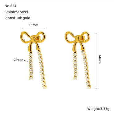 1 Pair Sweet Shiny Bow Knot Inlay 304 Stainless Steel Zircon 18K Gold Plated Drop Earrings