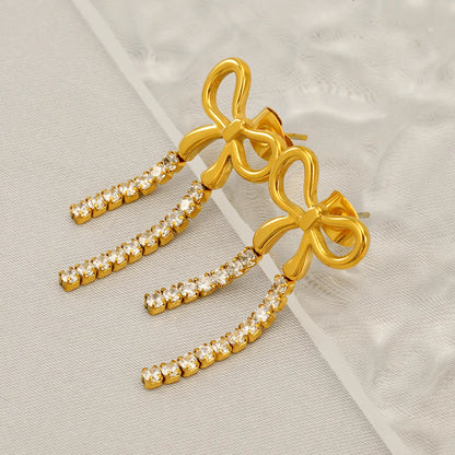 1 Pair Sweet Shiny Bow Knot Inlay 304 Stainless Steel Zircon 18K Gold Plated Drop Earrings