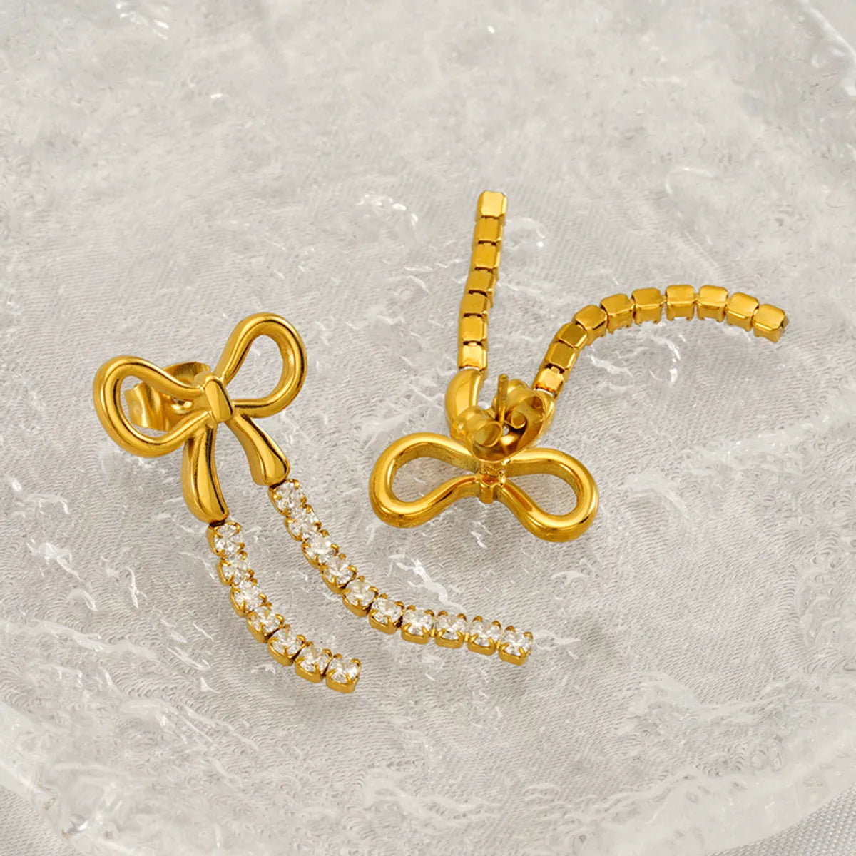 1 Pair Sweet Shiny Bow Knot Inlay 304 Stainless Steel Zircon 18K Gold Plated Drop Earrings