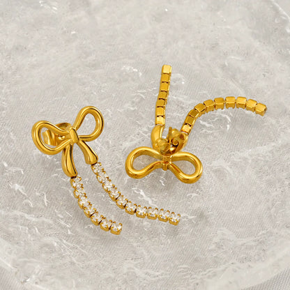 1 Pair Sweet Shiny Bow Knot Inlay 304 Stainless Steel Zircon 18K Gold Plated Drop Earrings