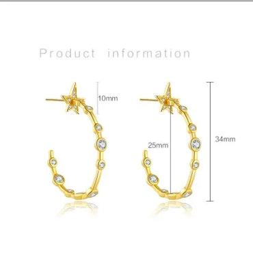 1 Pair Sweet Shiny C Shape Star Plating Inlay Sterling Silver Zircon 18K Gold Plated Ear Studs