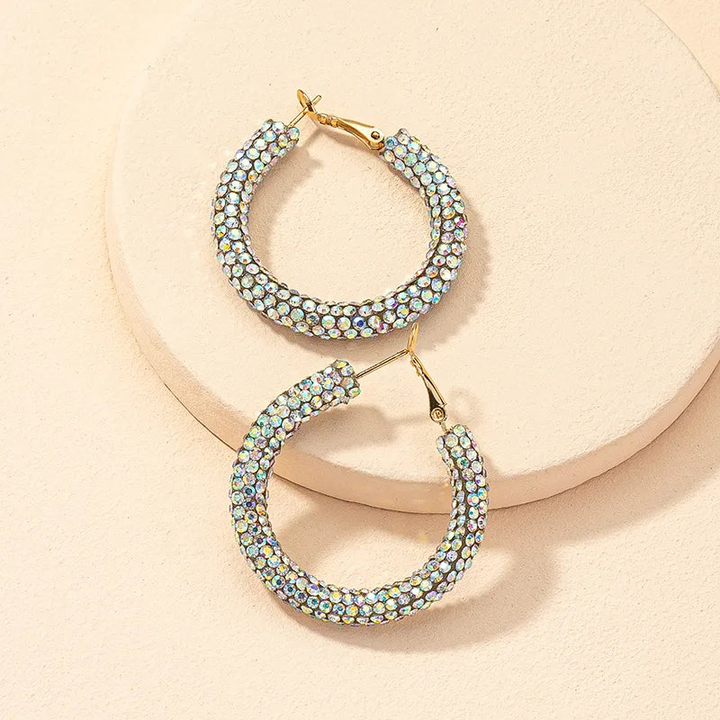 1 Pair Sweet Shiny O-Shape Handmade Inlay Soft Clay Artificial Rhinestones Hoop Earrings