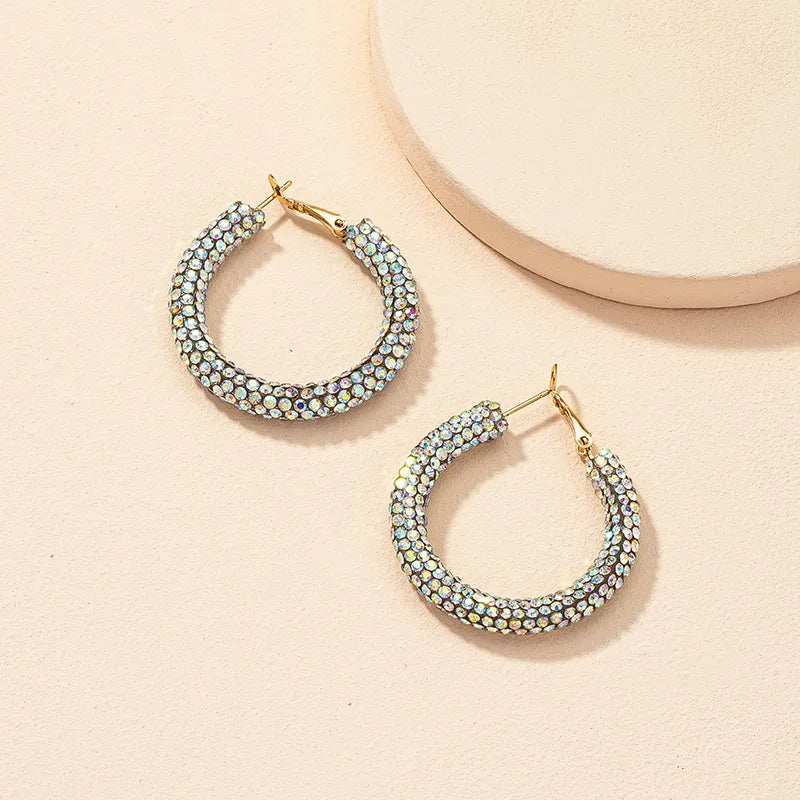 1 Pair Sweet Shiny O-Shape Handmade Inlay Soft Clay Artificial Rhinestones Hoop Earrings