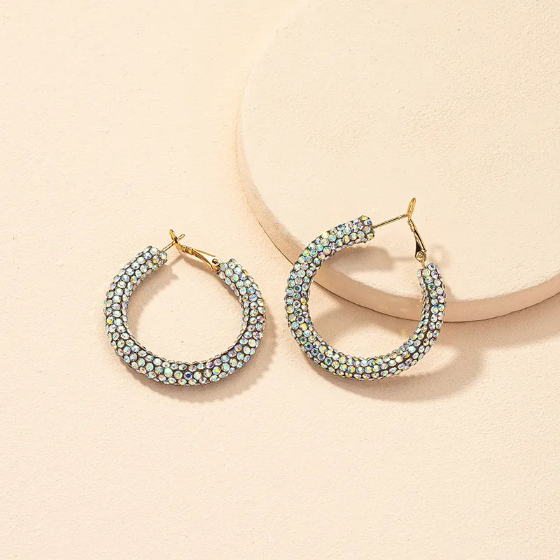 1 Pair Sweet Shiny O-Shape Handmade Inlay Soft Clay Artificial Rhinestones Hoop Earrings