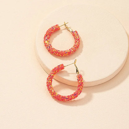 1 Pair Sweet Shiny O-Shape Handmade Inlay Soft Clay Artificial Rhinestones Hoop Earrings