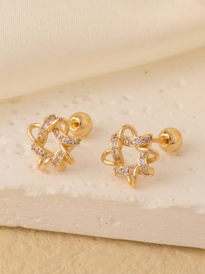 1 Pair Sweet Shiny Star Flower Bow Knot Plating Diamond Copper Zircon Gold Plated Ear Studs