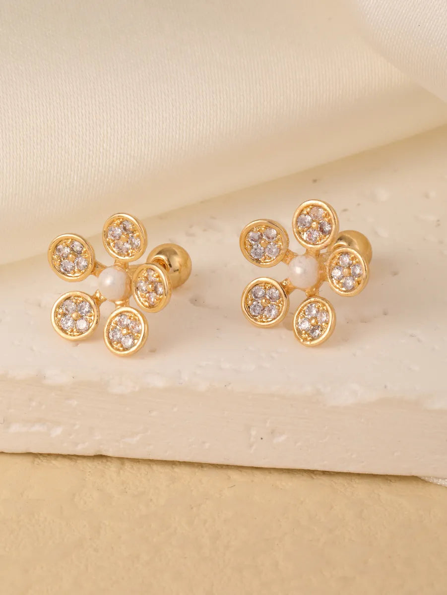 1 Pair Sweet Shiny Star Flower Bow Knot Plating Diamond Copper Zircon Gold Plated Ear Studs