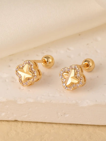 1 Pair Sweet Shiny Star Flower Bow Knot Plating Diamond Copper Zircon Gold Plated Ear Studs