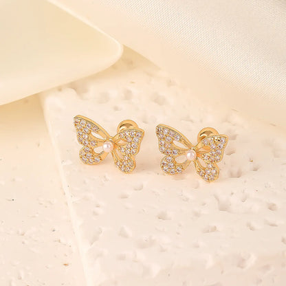 1 Pair Sweet Shiny Star Flower Bow Knot Plating Diamond Copper Zircon Gold Plated Ear Studs