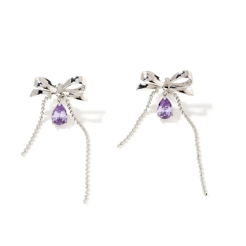 1 Pair Sweet Shiny Water Droplets Bow Knot Three-Dimensional Chain Inlay Copper Zircon Rhodium Plated Drop Earrings