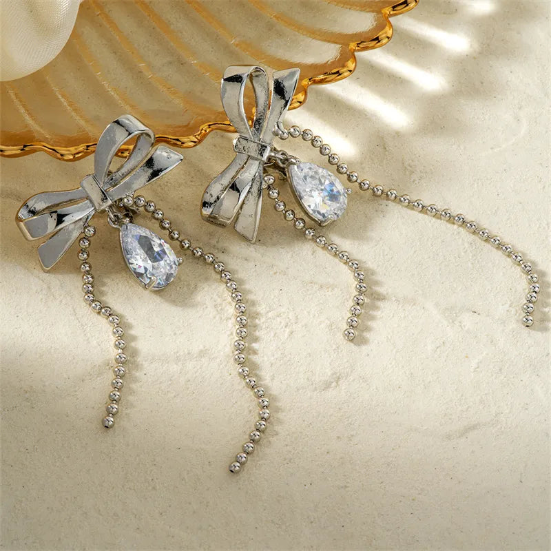 1 Pair Sweet Shiny Water Droplets Bow Knot Three-Dimensional Chain Inlay Copper Zircon Rhodium Plated Drop Earrings