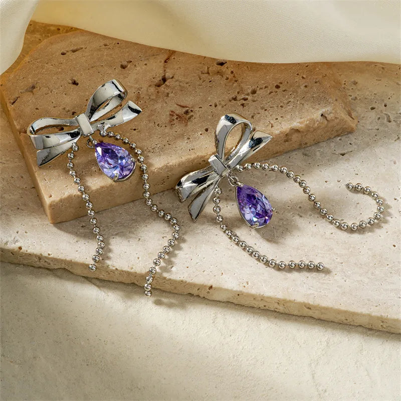 1 Pair Sweet Shiny Water Droplets Bow Knot Three-Dimensional Chain Inlay Copper Zircon Rhodium Plated Drop Earrings